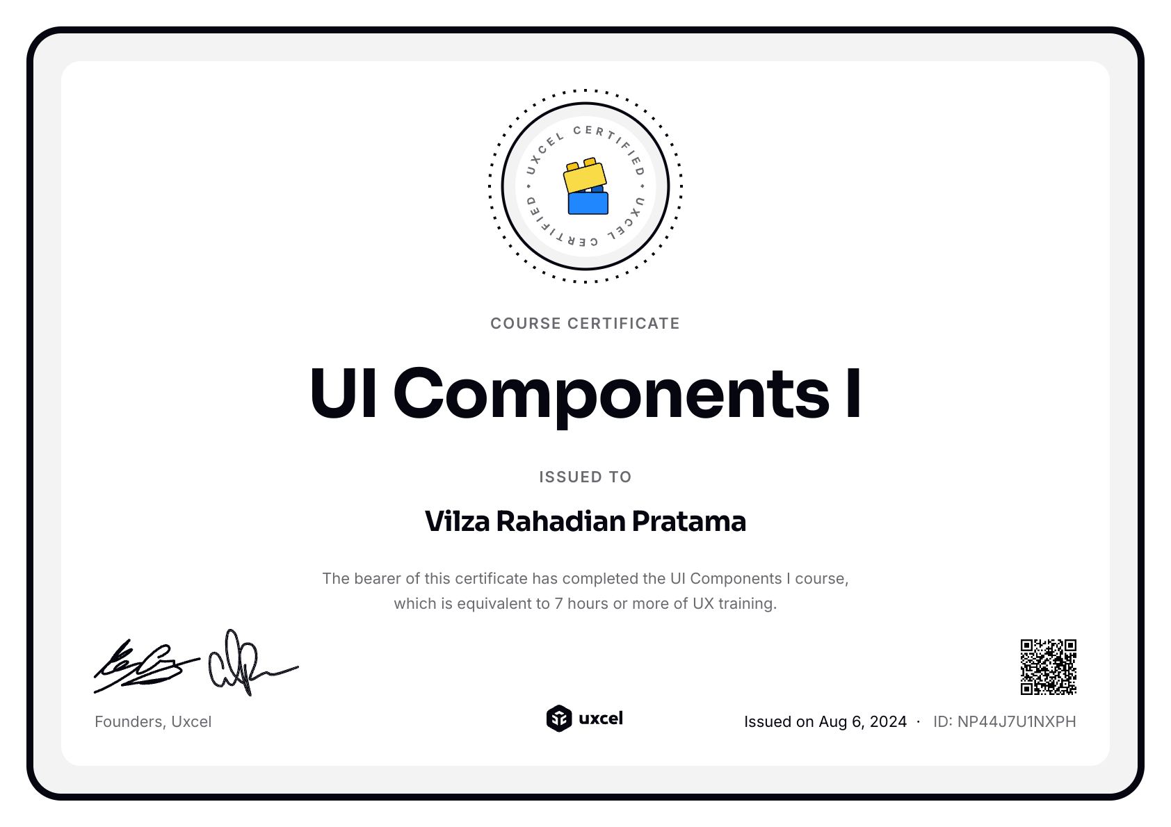 Vilza Rahadian Pratama's certificate
